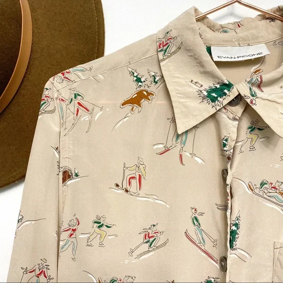 vintage | evan piccone skiing skating winter fun print silk blouse m - Picture 2 of 12